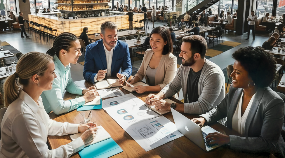 Reunião de consultoria de bares e restaurantes entre especialistas NUANCE e clientes em um grande restaurante.