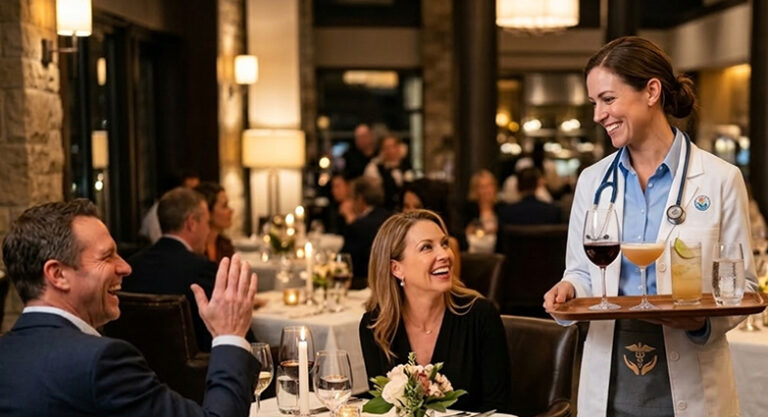 Garçonete vestida de médica, com jaleco e estetoscópio, servindo drinques a casal sorridente em restaurante sofisticado com luz de velas