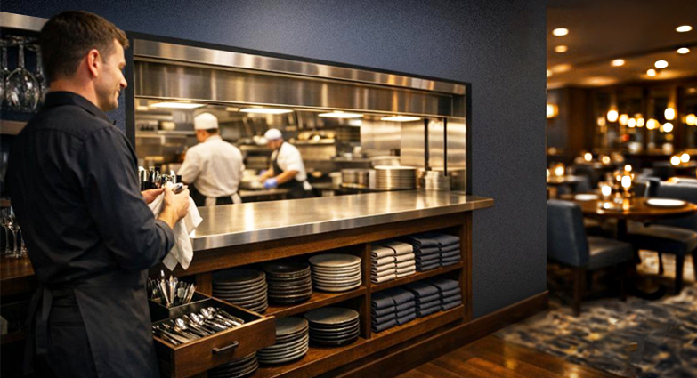 Hospitalidade começa na estrutura. Auxiliar de salão polindo talheres ao lado do balcão do passe, com prateleiras organizadas de pratos e guardanapos em primeiro plano, cozinha aberta ao fundo e salão iluminado à direita