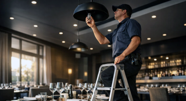 Especialista em cuidar do espaço em escada trocando lâmpada de pendente em restaurante vazio com mesas postas e projeto luminotécnico ativo ao fundo