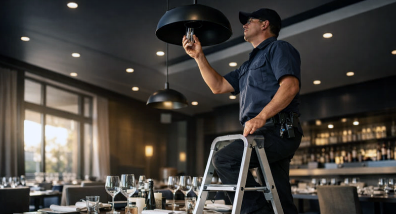 Especialista em cuidar do espaço em escada trocando lâmpada de pendente em restaurante vazio com mesas postas e projeto luminotécnico ativo ao fundo