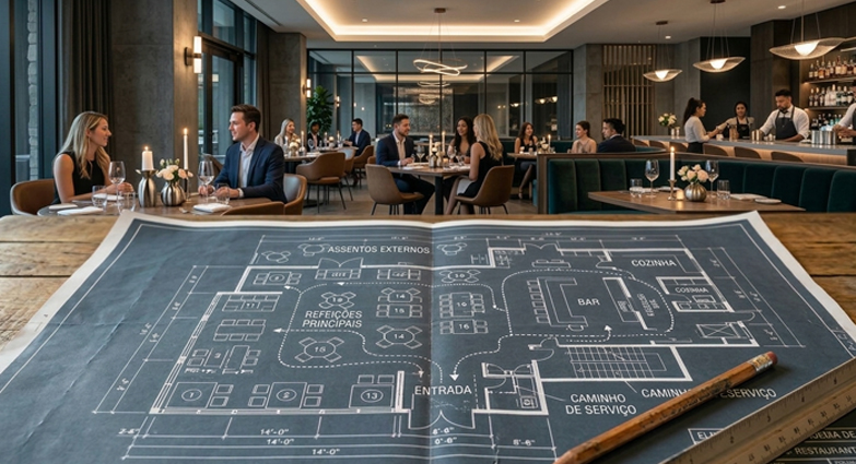 Planta baixa arquitetônica de restaurante com fluxos de serviço e áreas demarcadas, ao fundo o salão real onde a equipe em operação garante satisfação duradoura aos Convidados