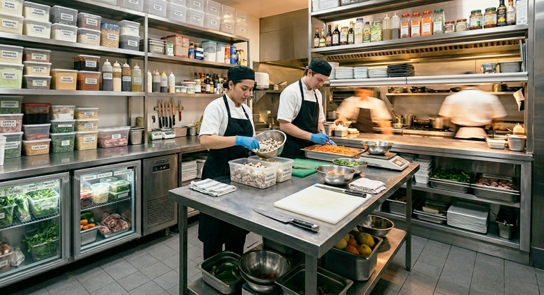 Profissionais organizam insumos entre almoxarifado local e área de pré-preparo em restaurante para acelerar a saída com mais padrão.