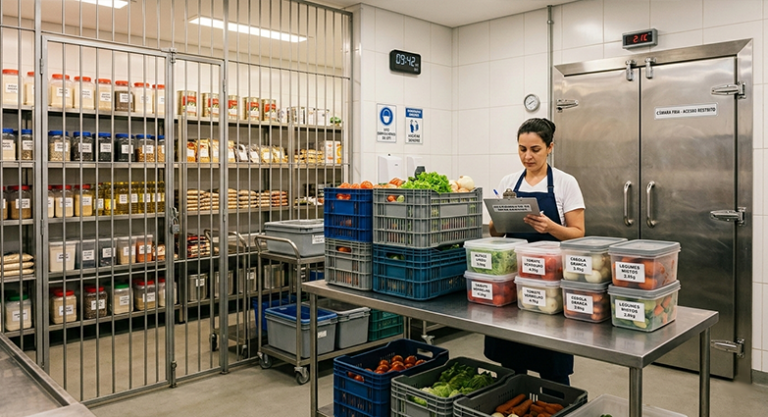 Profissional de cozinha conferindo recebimento de insumos em área de triagem organizada, com prateleiras de secos, câmara fria e pré-preparos etiquetados ao fundo demonstrando que projeto vende mais que promoções