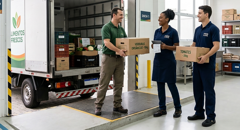 Recebimento de mercadorias em restaurante: entregador e equipe conferindo caixas de verduras e tomates na doca de recebimento
