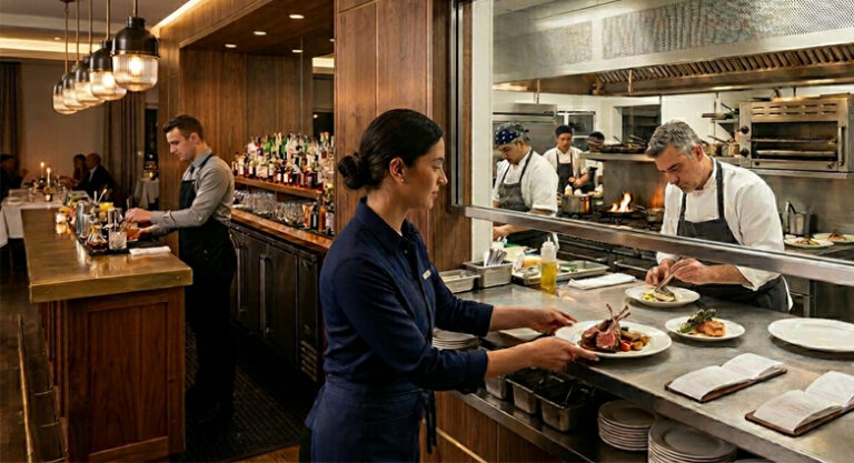 Saída de pedidos em bar e restaurante com cozinha, bar e salão agindo de forma coordenada.